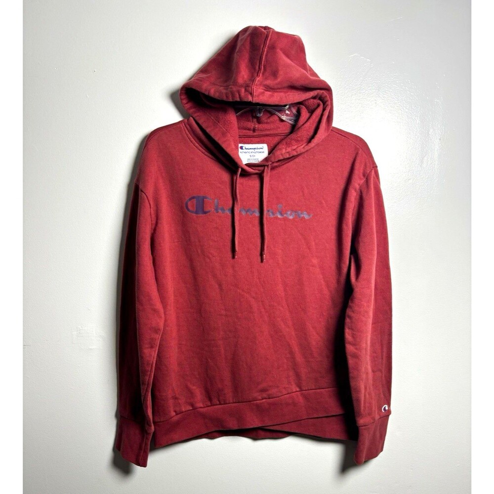 Champion Women’s Red Fleece Pullover Hoodie Logo Drawstring Hood Size S
